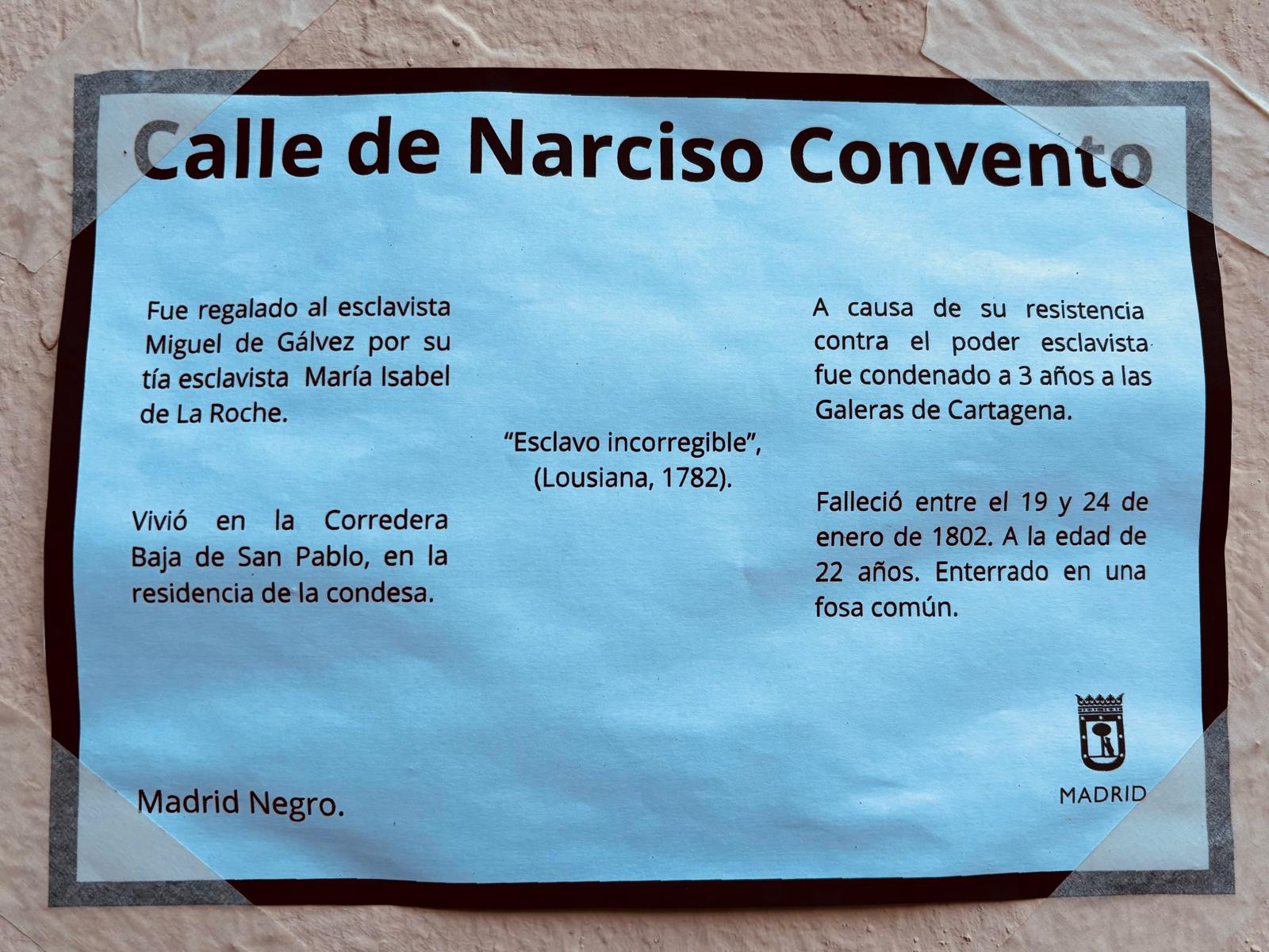 Narciso Convento blog Cartel donde se reclama una calle para el esclavo Narciso Convento, en Madrid