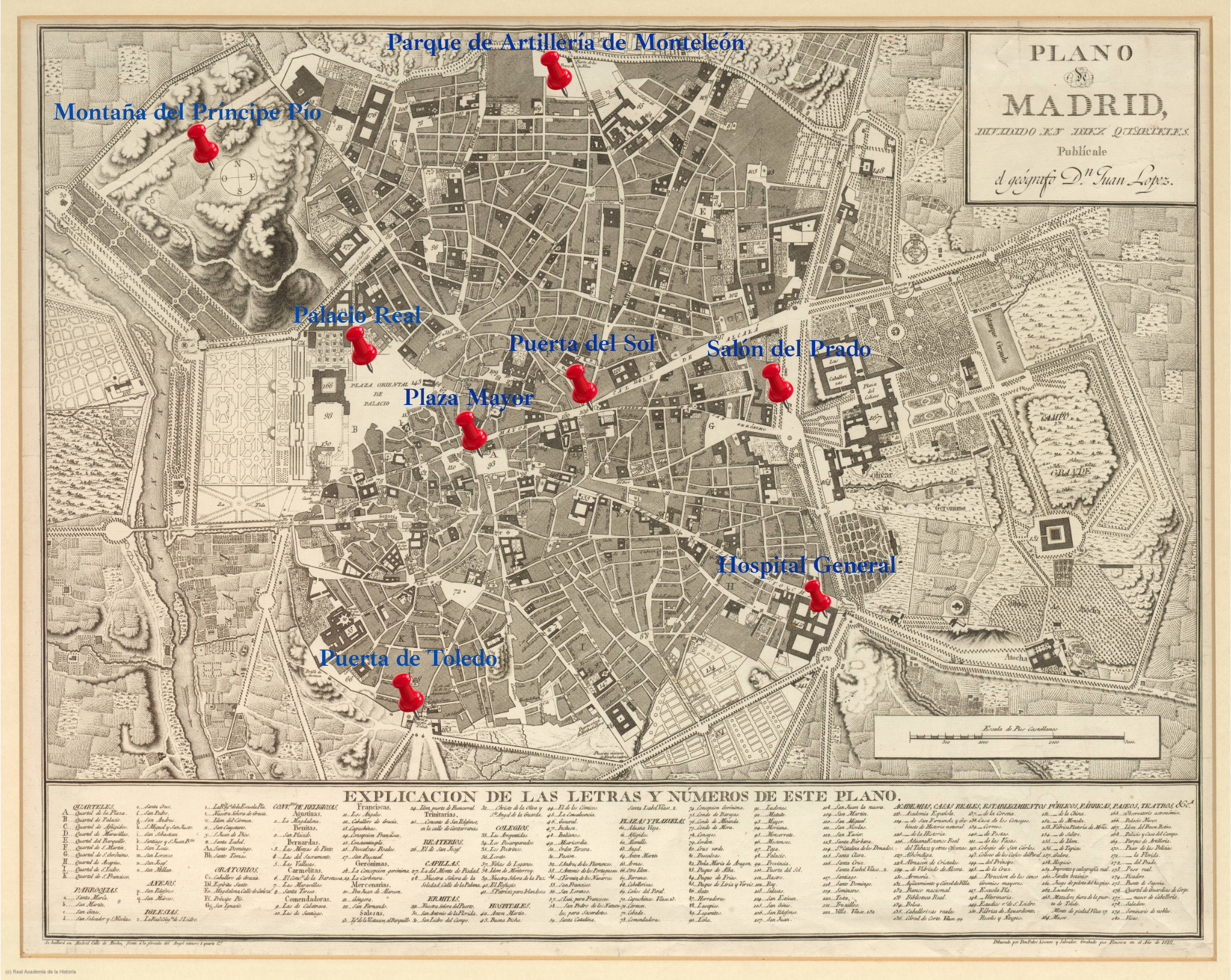 ESCENARIOS CLAVE Principales escenarios del levantamiento marcados en el ‘Plano de Población de Madrid’ publicado por el geógrafo Juan López, grabado en 1812 por Pedro Lezcano y Carmona, y corregido por Pedro Martín López. Instituto Geográfico Nacional.