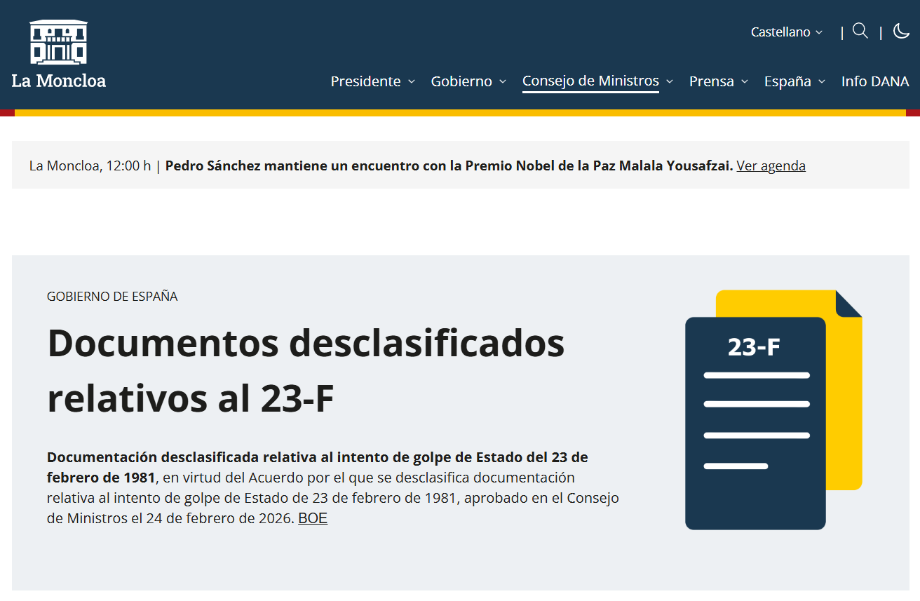 CMIN_BLOG Enlace de la web de La Moncloa a los documentos desclasificados relativos al 23-F